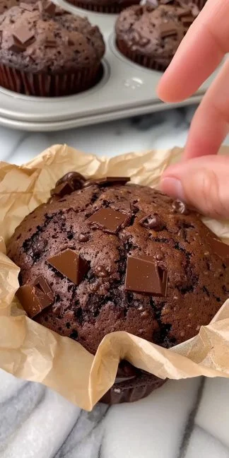 Muffins de chocolate con trozos de chocolate derretido en una bandeja