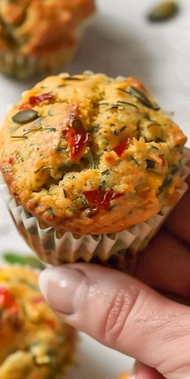 Muffins salados veganos recién horneados en un plato.