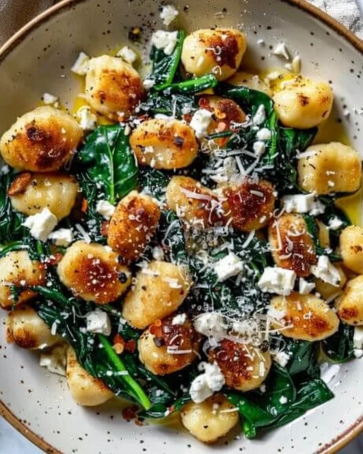 Ñoquis cremosos con espinacas y feta en un plato atractivo