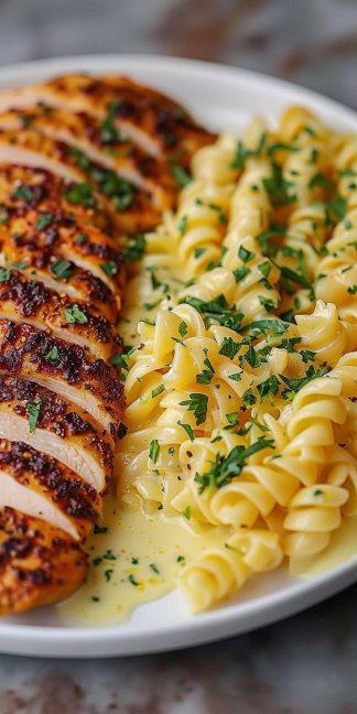 Pollo cremoso con ajo y parmesano con pasta torcida con queso