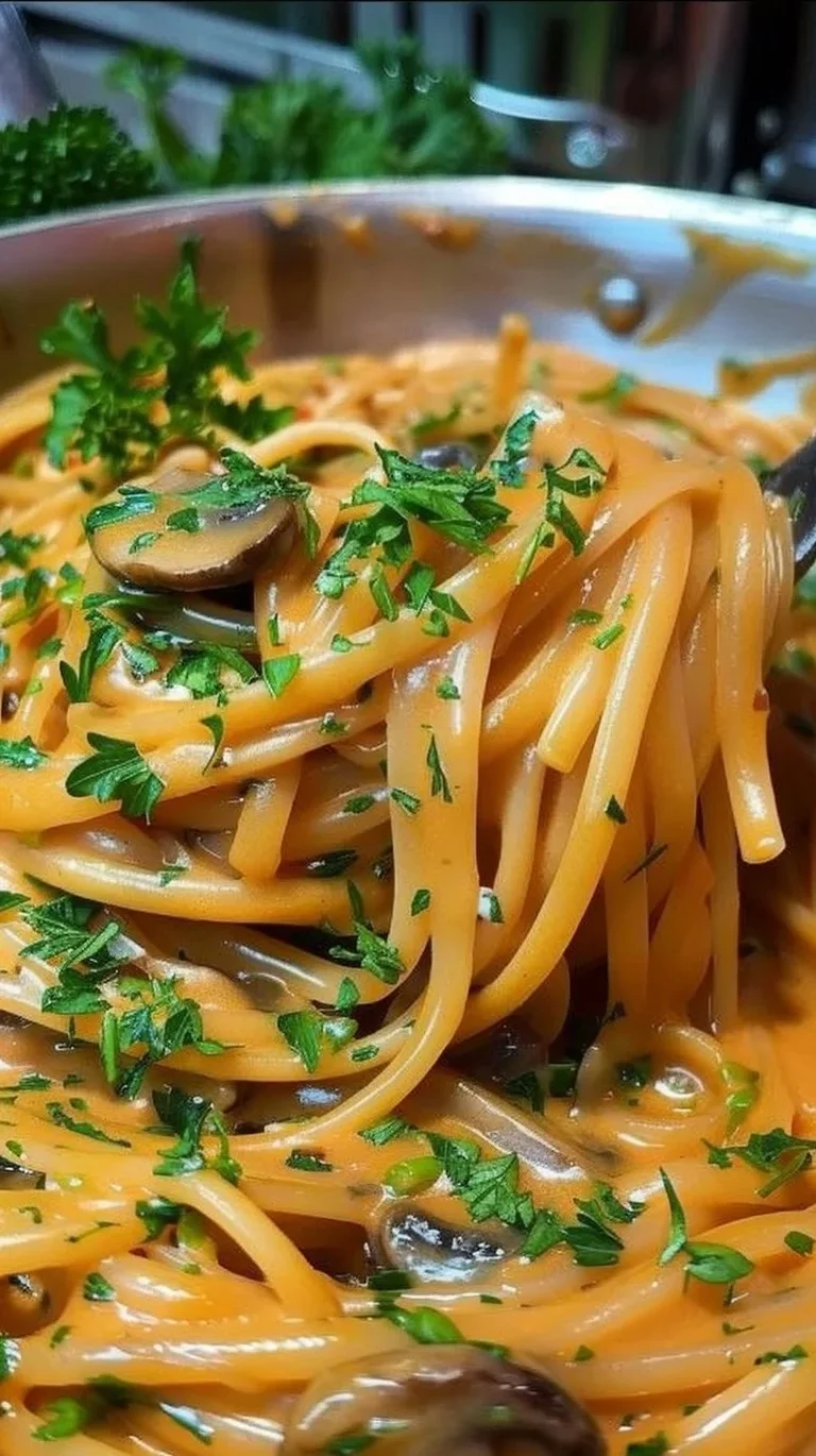 Plato de Pasta con Champiñones recién preparado y decorado con hierbas frescas.