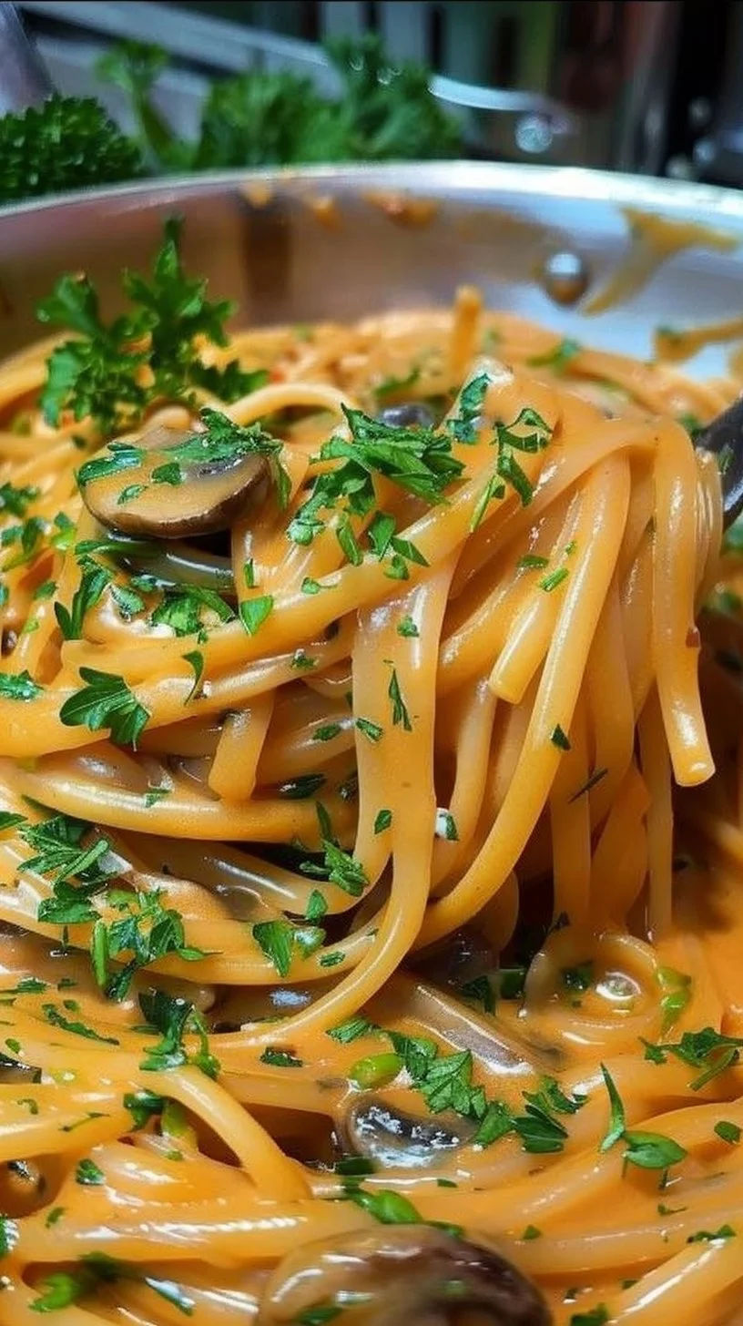 Plato de Pasta con Champiñones recién preparado y decorado con hierbas frescas.