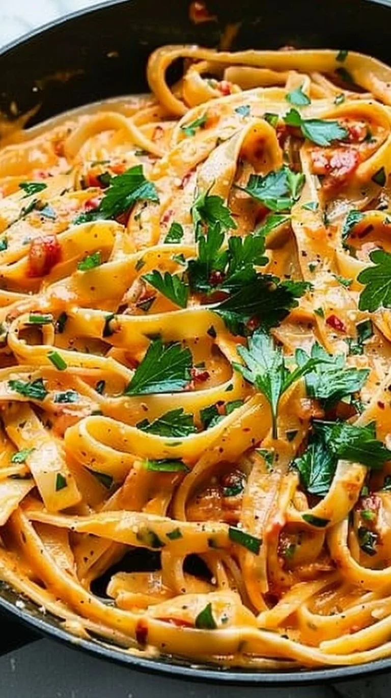 Pasta cremosa vegana con tomates secos servida en un plato