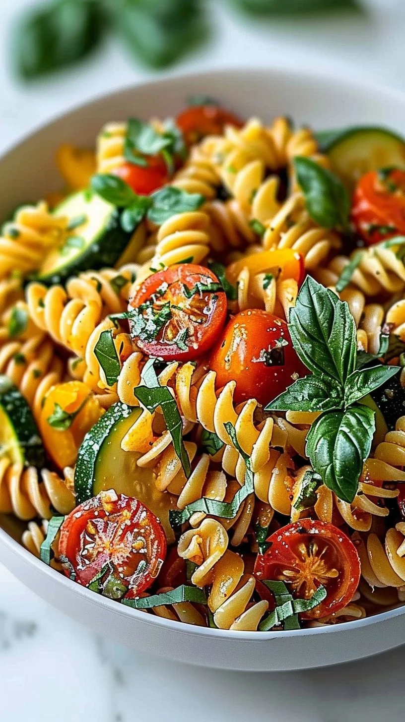 Plato de pasta de tomate y calabacín saludable con ingredientes frescos