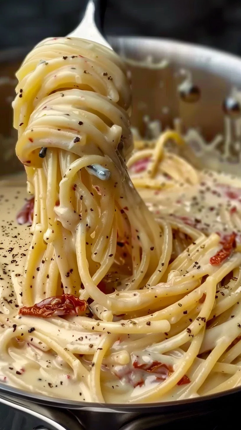 Pasta en una sola olla con queso crema y tomates secos en un plato