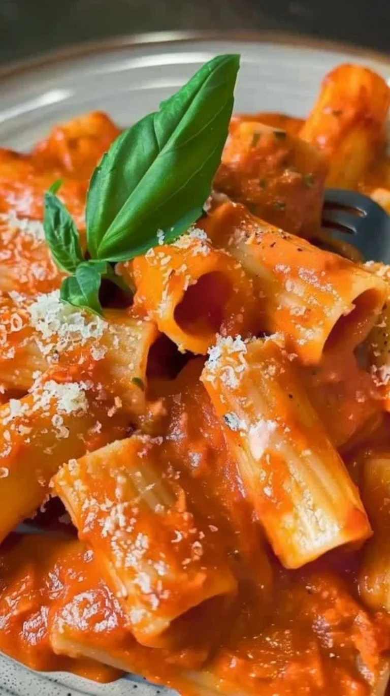 Plato de pasta con pimientos rojos asados y tomates frescos