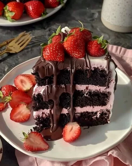 Pastel de chocolate con fresas decorado con fresas frescas y crema
