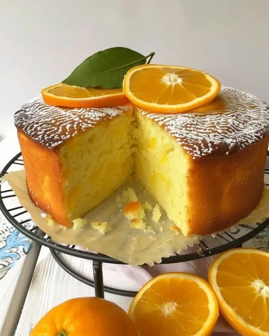 Pastel de naranja esponjoso decorado con rodajas de naranja.