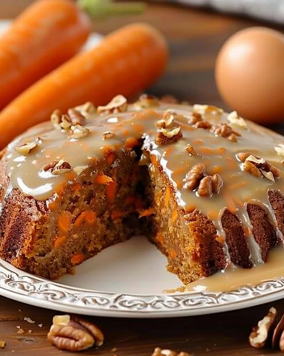 Pastel de zanahoria decorado con crema y nueces en un plato