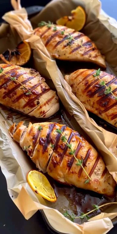 Pechuga de pollo jugosa con naranja y tomillo en un plato