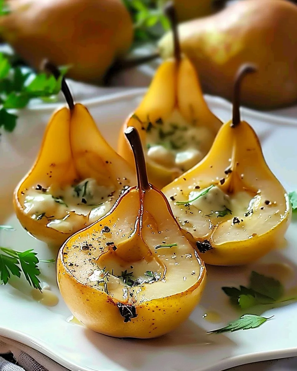 Peras asadas con gorgonzola y miel en un plato así como decoración gourmet.