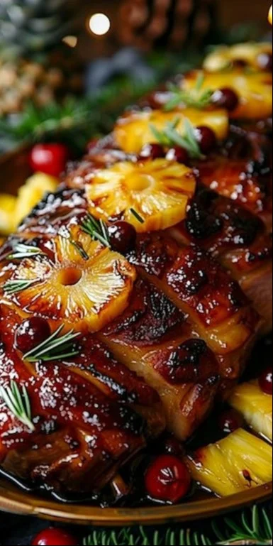 Pierna de cerdo glaseada con piña y miel lista para servir en una mesa.