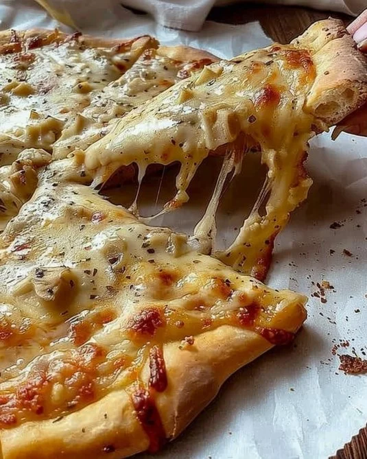 Pizza Alfredo con salsa cremosa y ingredientes frescos.