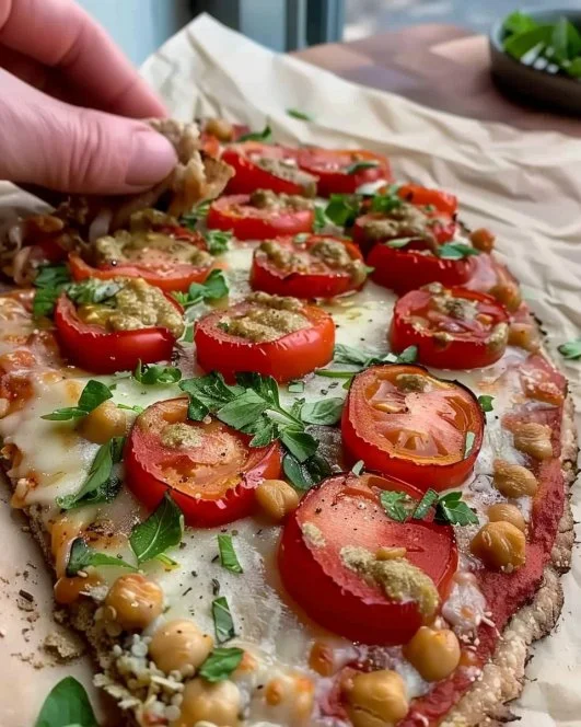 Pizza alta en proteínas con base de quinoa y garbanzos, saludable y nutritiva