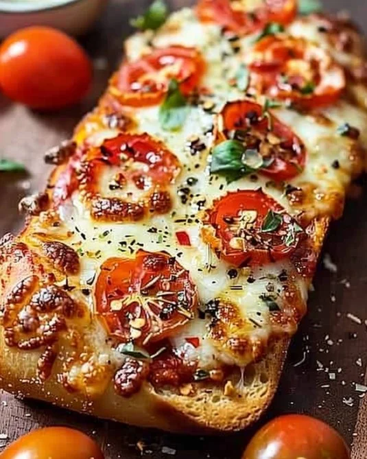 Pizza sobre pan francés con ingredientes frescos y sabrosos