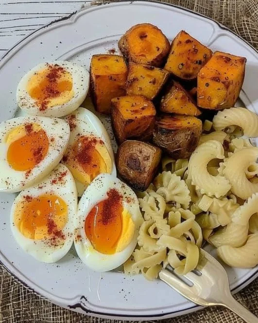 Plato de comida saludable con papas, huevos y pasta
