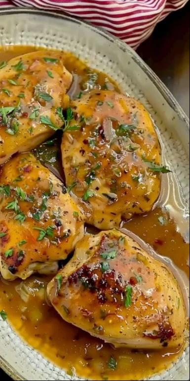 Pollito en salsa de limón servido en un plato con guarnición.