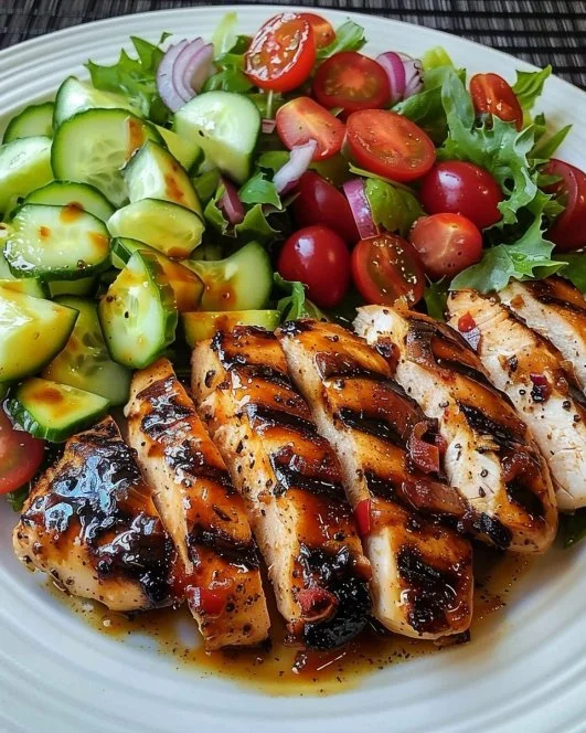 Plato de pollo a la parrilla acompañado de ensalada griega fresca