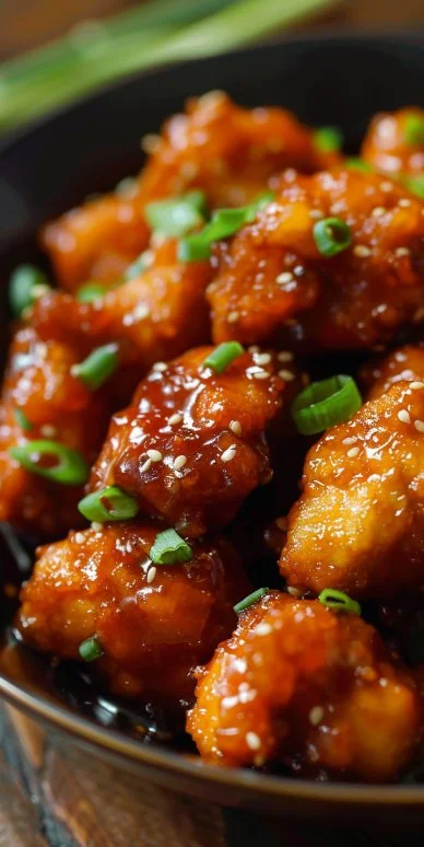 Plato de Pollo Agridulce cocinado con salsa agridulce y verduras coloridas.