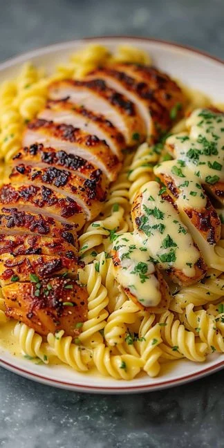 Plato de pollo cremoso con ajo y parmesano servido con pasta torcida y queso.