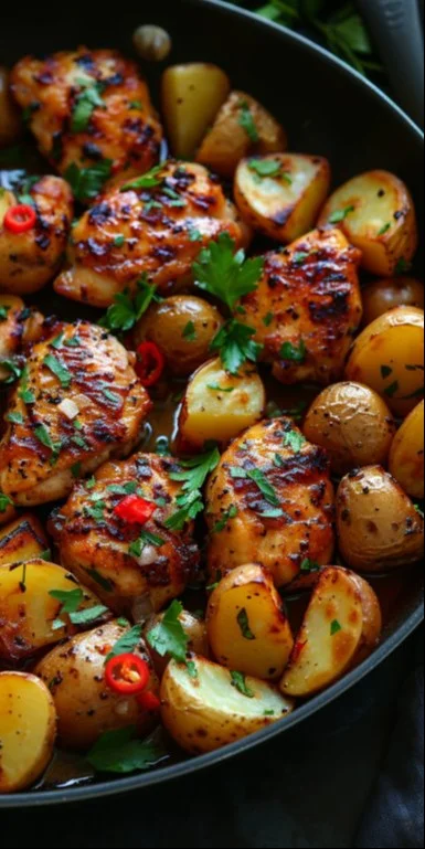 Receta de pollo y patatas en una sola sartén, cocina fácil y rápida