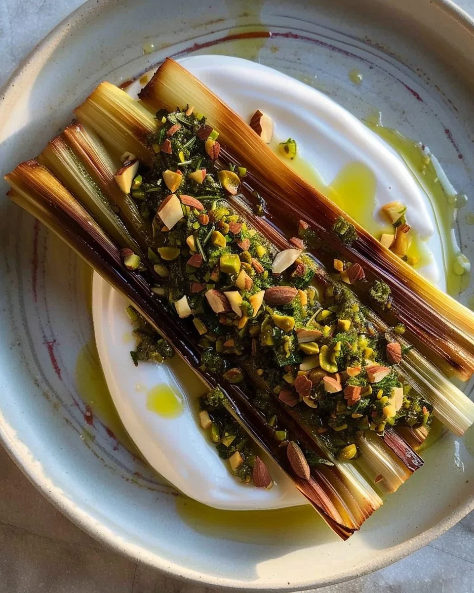 Puerros caramelizados con aliño de aceitunas y pistachos en un plato