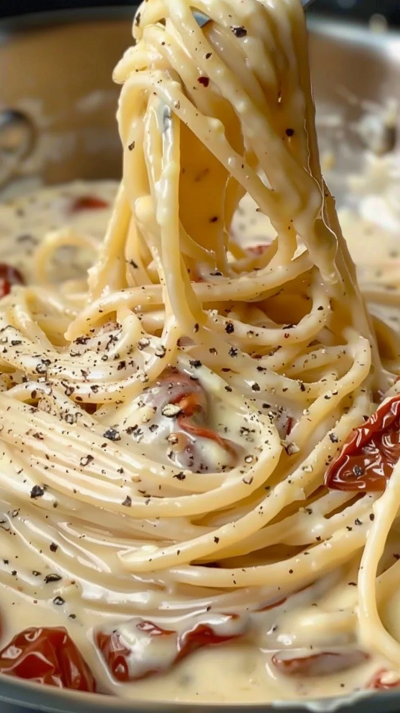 Plato de linguine con tomates secos al sol, delicioso y fácil de preparar.