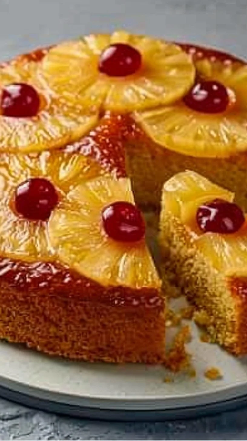 Pastel de piña volteado en forma de Bundt con frutas frescas decorativas.