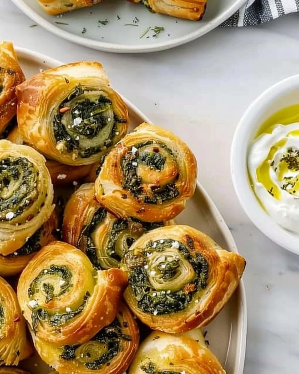 Rollos de espinacas y queso feta recién horneados, listos para disfrutar.