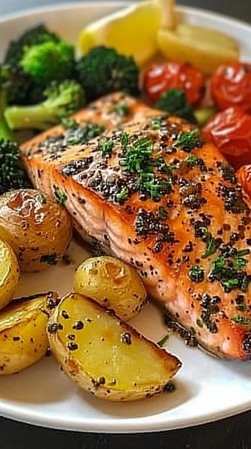 Salmón al ajo con verduras en un plato colorido y sabroso