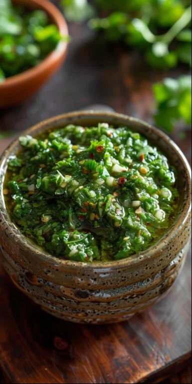 Salsa de cilantro fresca en un tazón de cerámica