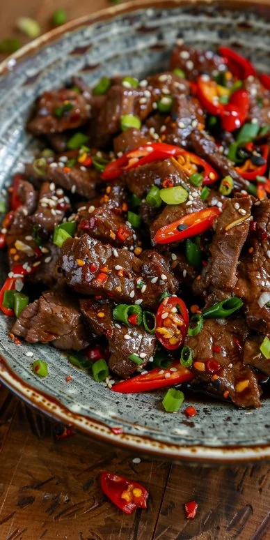 Plato de salteado de carne con verduras frescas y especias