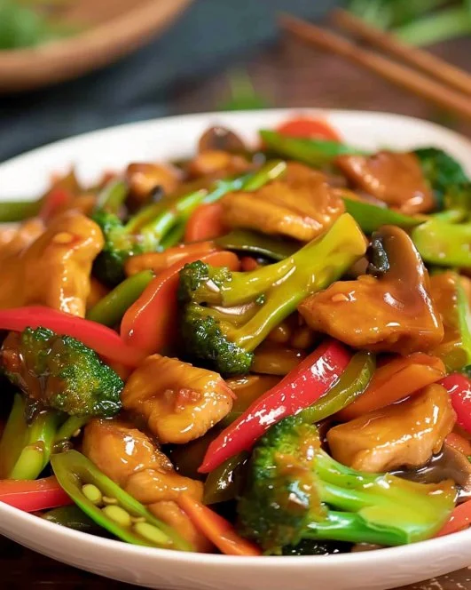 Salteado de pollo y verduras delicioso y saludable en el plato