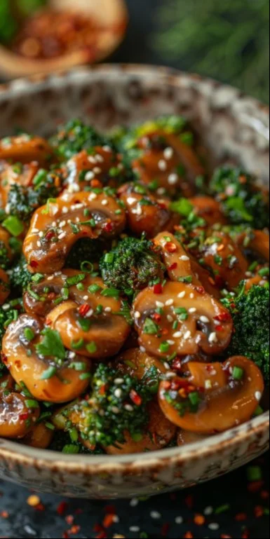 Salteado vegano de brócoli y champiñones en un plato colorido y saludable.