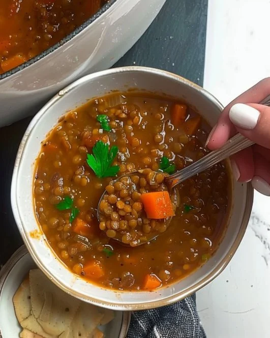 Sopa Clásica de Lentejas en un tazón con ingredientes frescos.