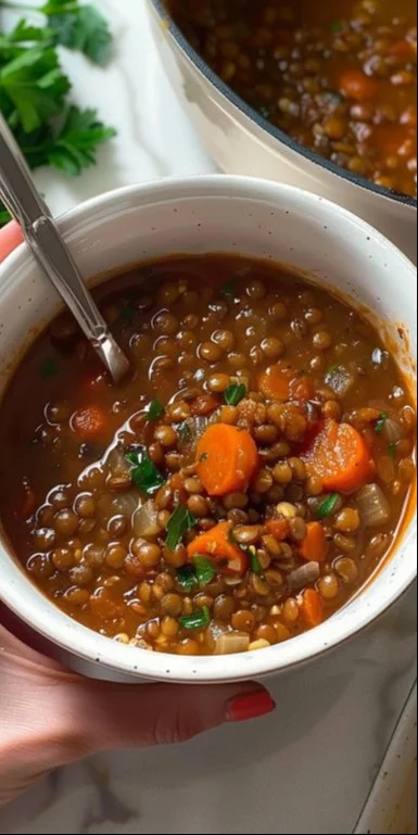 Plato de sopa clásica de lentejas en un tazón, ideal para una comida reconfortante.