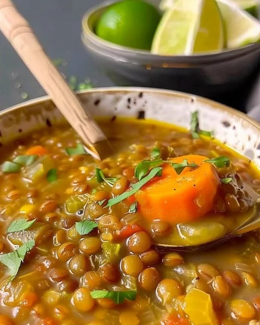 Plato de sopa de lentejas cremosa con verduras frescas y especias
