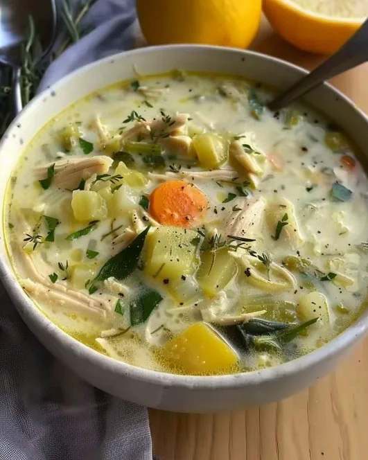 Sopa de Pollo con Limón al estilo griego Avgolemono en un tazón humeante.