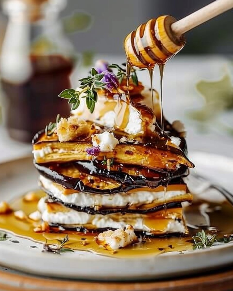 Milhojas de berenjena con miel de cabra
