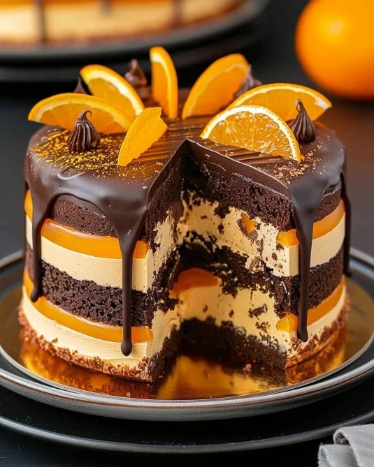 Tarta de chocolate y naranja decorada con rodajas de naranja fresca