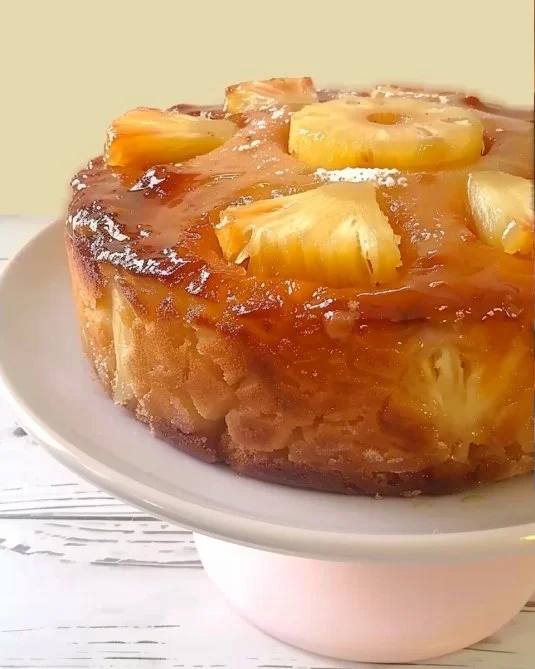 Saborosa tarta de piña decorada con rodajas de piña fresca y crema