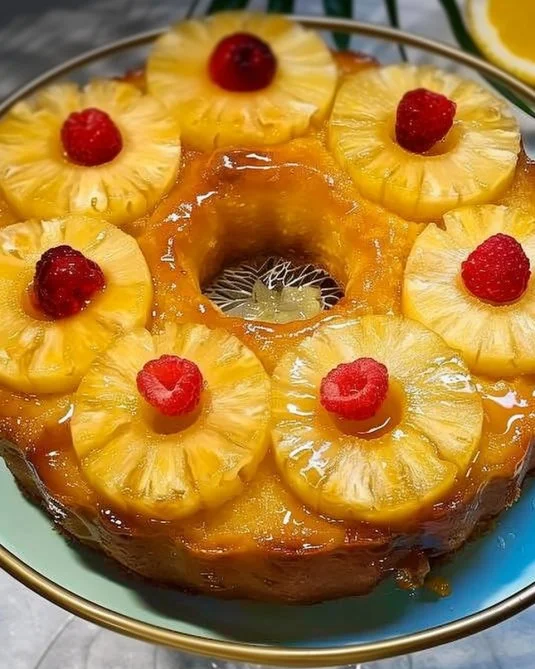 Tarta de piña fresca decorada con rodajas de piña y crema