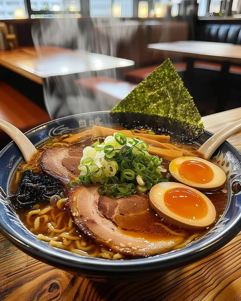 Tazón de ramen japonés humeante con ingredientes frescos y sabrosos