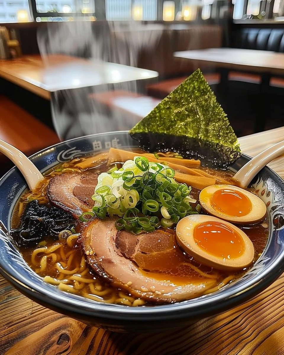 Tazón de ramen japonés con ingredientes frescos y sabrosos