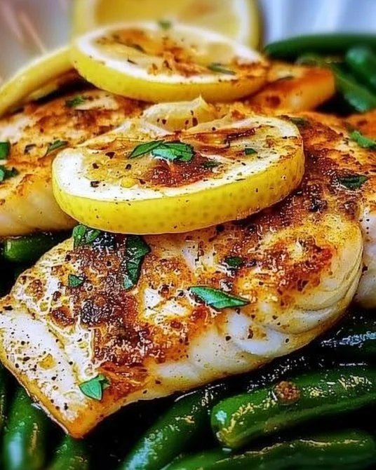 Plato de tilapia con ajo y limón servido en un plato blanco.