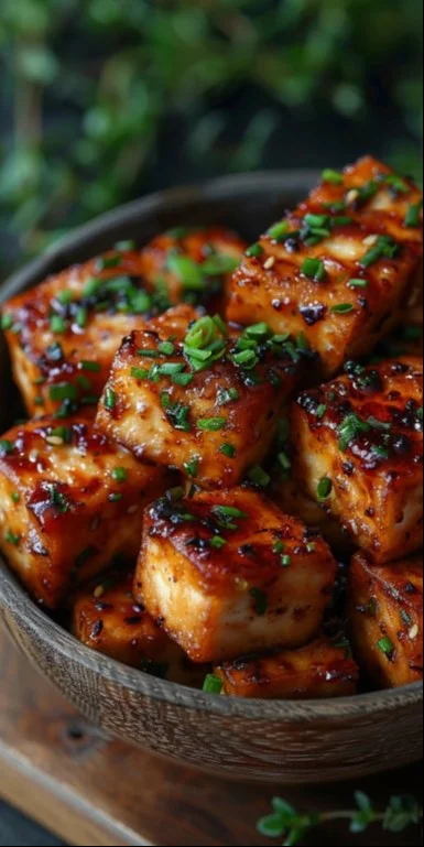 Tofu crujiente con miel y ajo servido en un plato atractivo