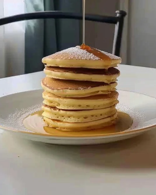 Deliciosas tortitas americanas esponjosas en un plato con jarabe de maple
