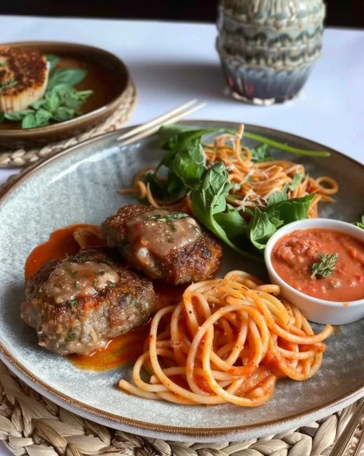 Tortitas de carne con papa y espagueti rojo en un plato colorido.