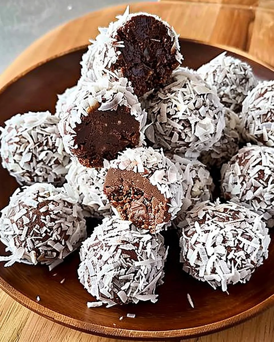 Trufas de Coco, Banana y Cacao en un plato decorativo