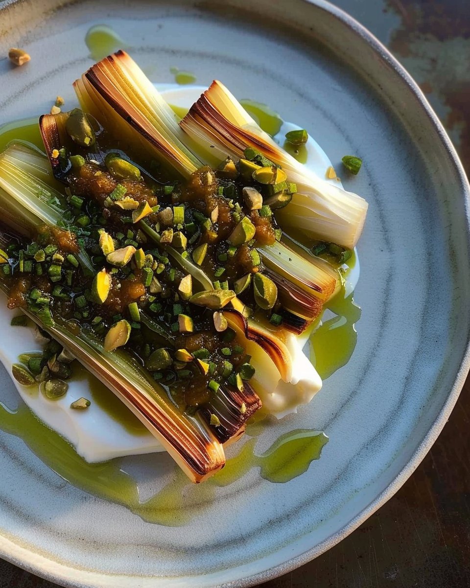 Puerros Caramelizados con Aliño de Aceitunas y Pistachos